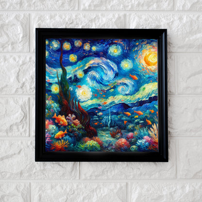 Starry Night Under the Sea Generated Ai Art inspired by Van Gogh in frame hanging on the wall